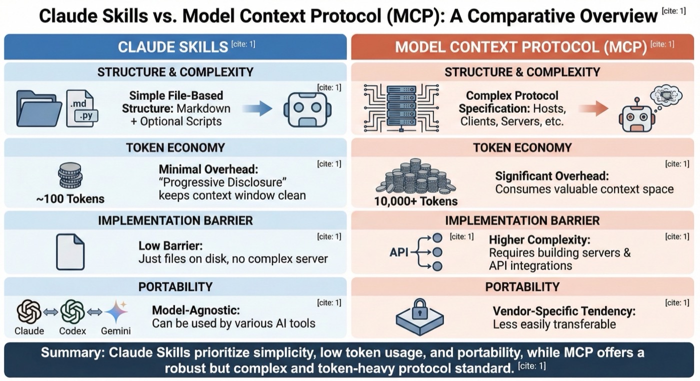 Claude Skills vs MCP comparison — how Skills and the Model Context Protocol differ